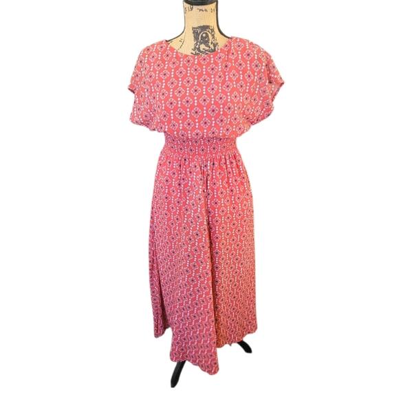 Size 0 eShakti Orange Floral Medallion Print Flowy Smocked Midi Dress W/ Pockets - Picture 1 of 6